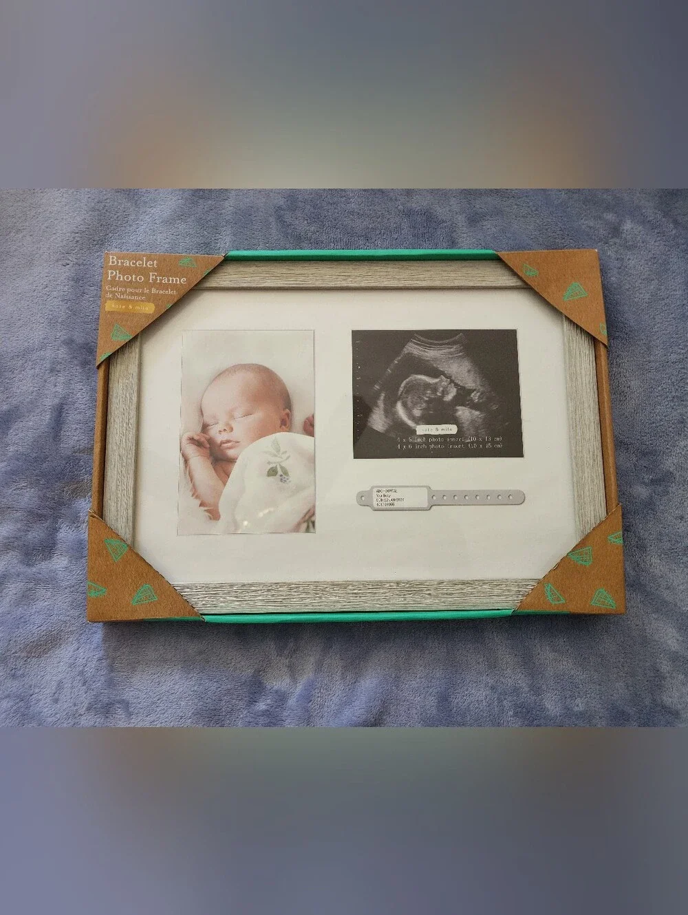 Neutral Wood Baby Photo Frame with Teal Accent